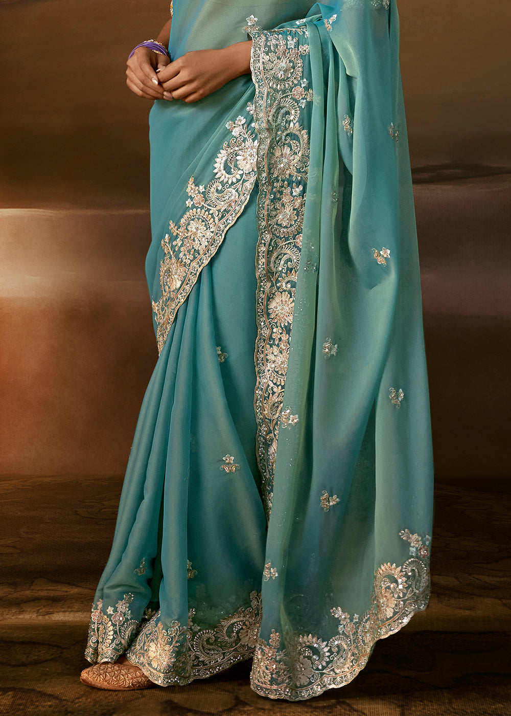 Aqua Blue Organza Saree with Sequin Embellishments, Zari, Gota Patti and Aari Work