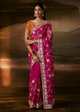 Berry Magenta Pink Organza Saree with Floral Zari and Sequin Embroidery
