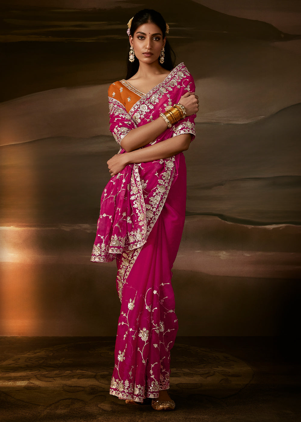 Berry Magenta Pink Organza Saree with Floral Zari and Sequin Embroidery
