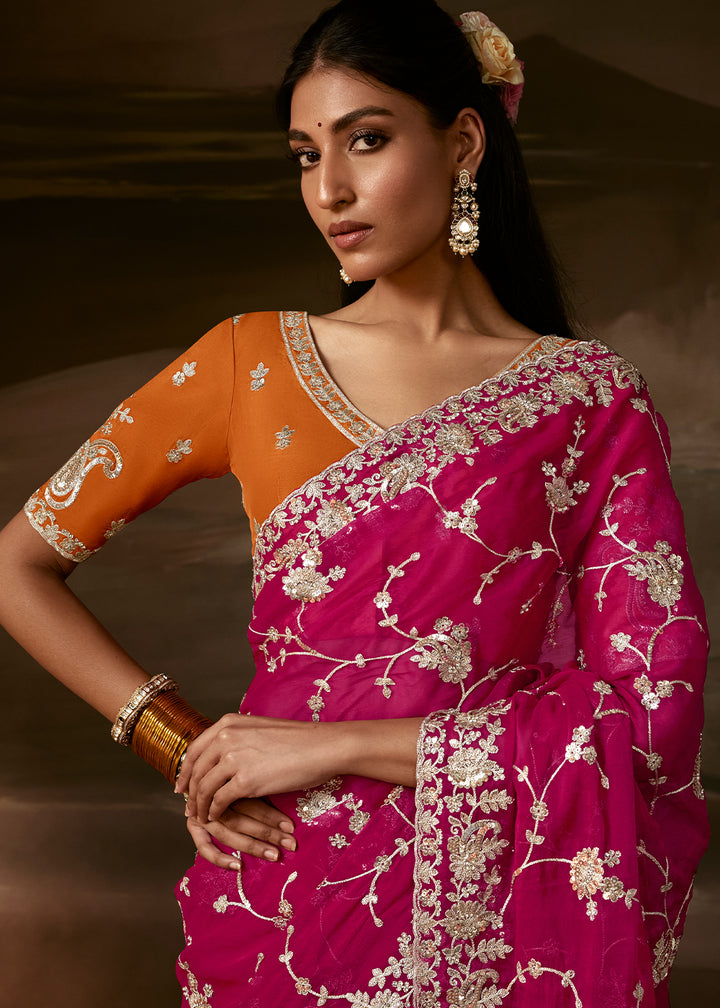 Berry Magenta Pink Organza Saree with Floral Zari and Sequin Embroidery
