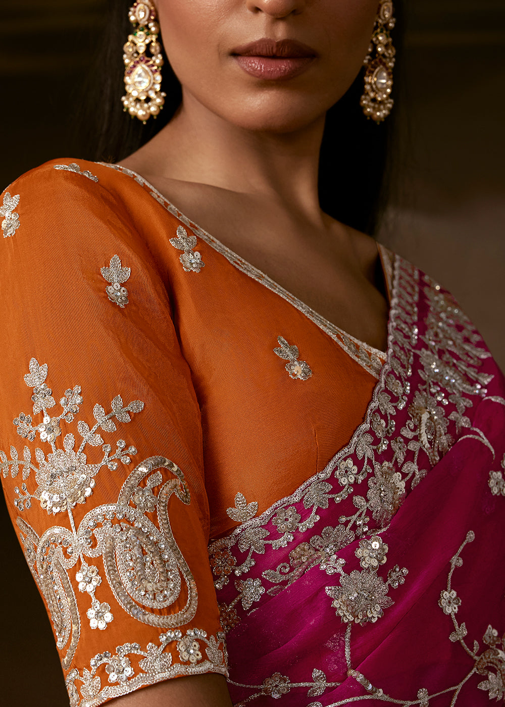 Berry Magenta Pink Organza Saree with Floral Zari and Sequin Embroidery