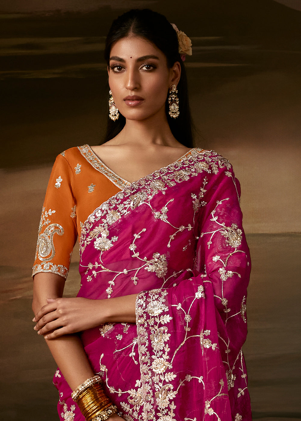 Berry Magenta Pink Organza Saree with Floral Zari and Sequin Embroidery