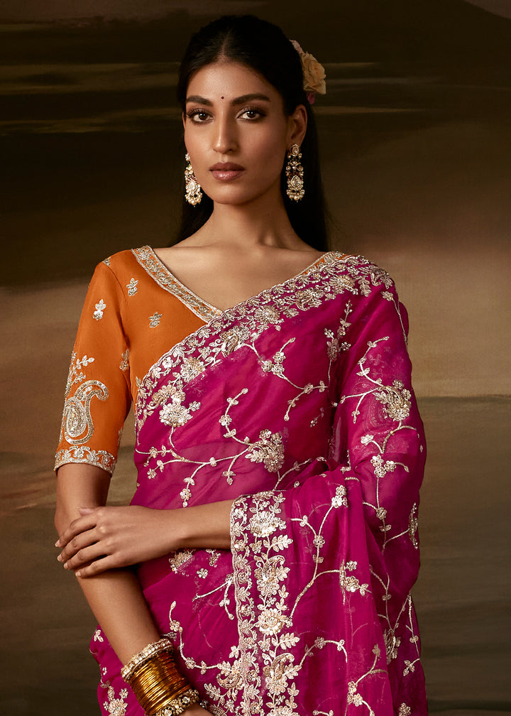 Berry Magenta Pink Organza Saree with Floral Zari and Sequin Embroidery