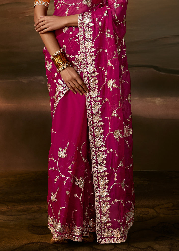 Berry Magenta Pink Organza Saree with Floral Zari and Sequin Embroidery