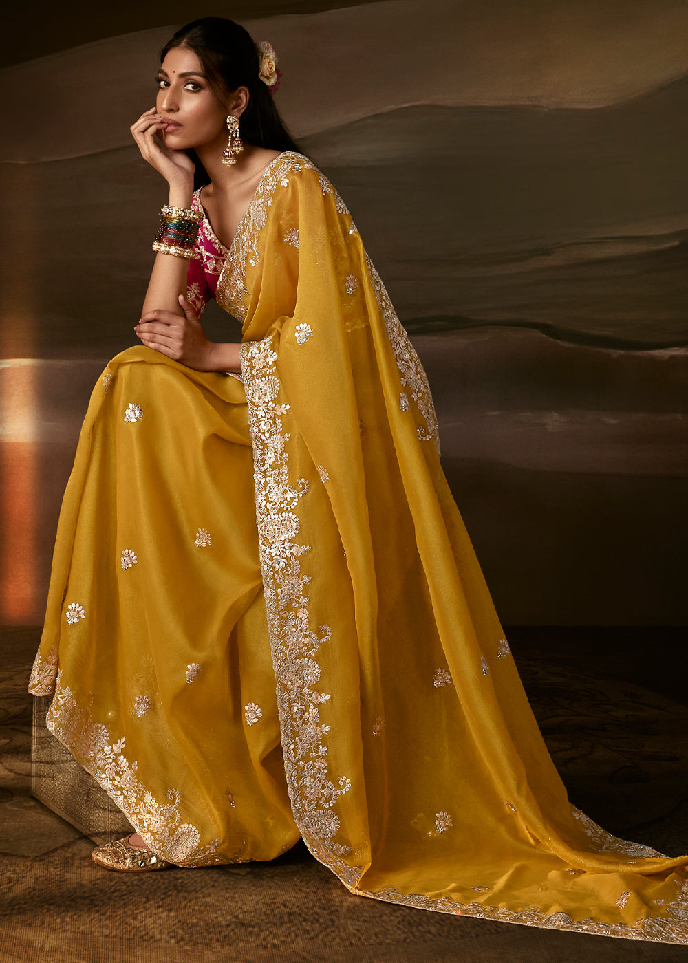 Golden Yellow Organza Saree Featuring Floral Zari and Sequin Embroidery