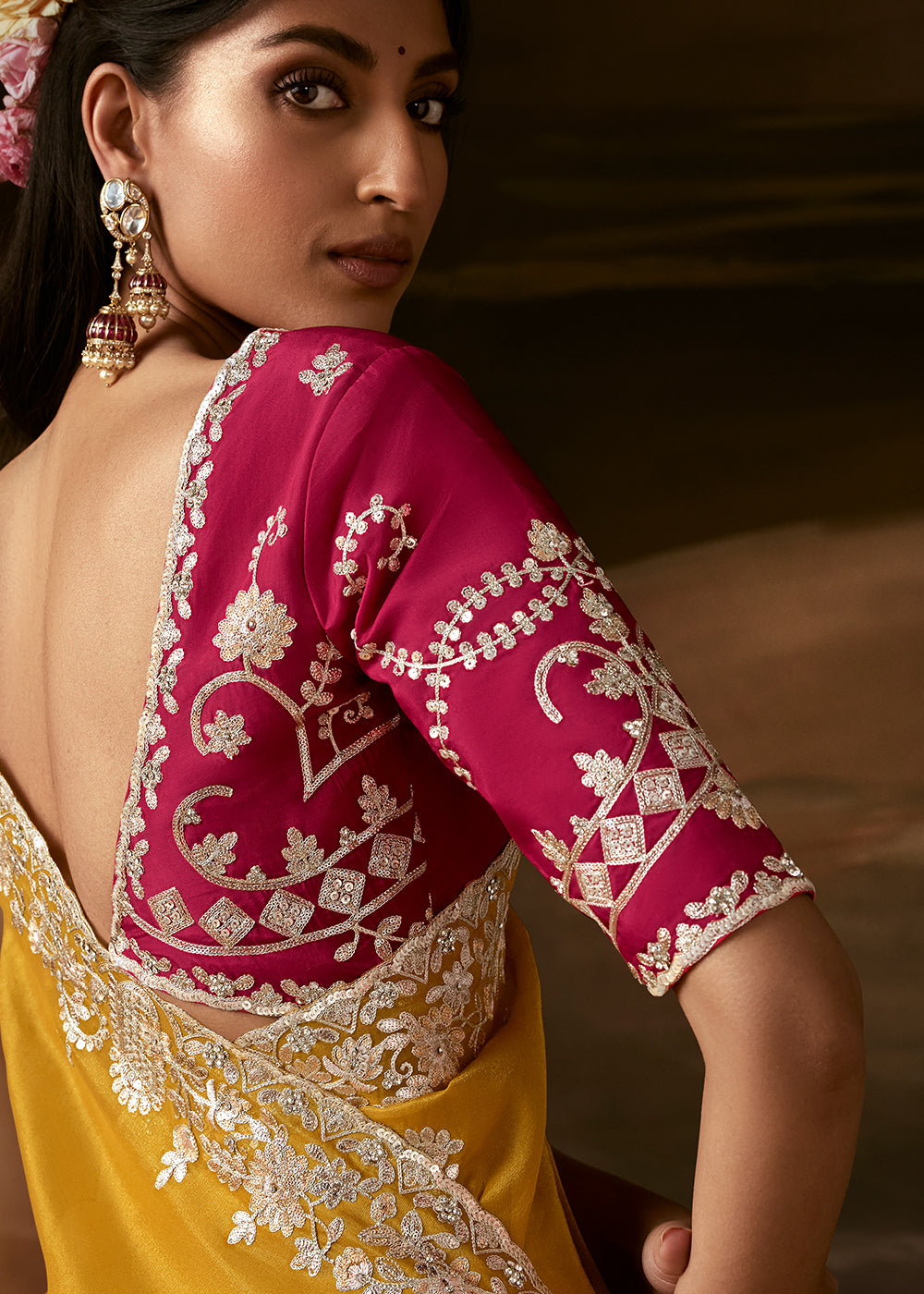 Golden Yellow Organza Saree Featuring Floral Zari and Sequin Embroidery