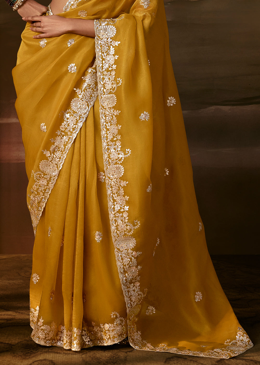 Golden Yellow Organza Saree Featuring Floral Zari and Sequin Embroidery