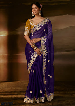 Royal Purple Organza Saree with Floral Zari Embroidery and Sequin Detailing