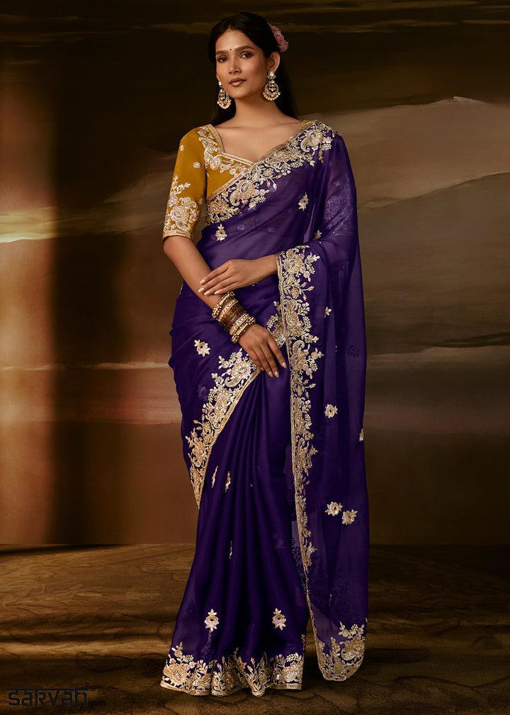 Royal Purple Organza Saree with Floral Zari Embroidery and Sequin Detailing