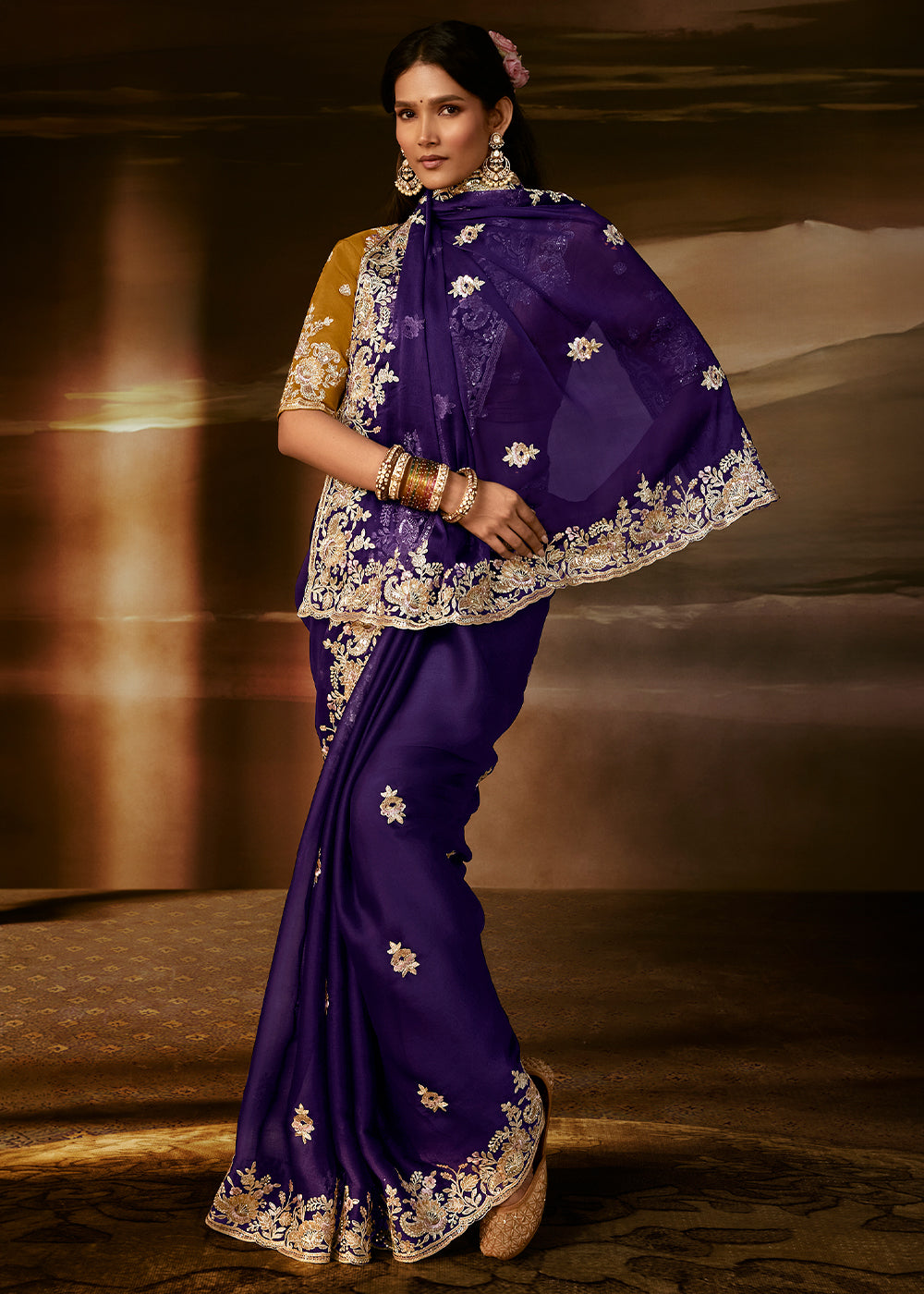 Royal Purple Organza Saree with Floral Zari Embroidery and Sequin Detailing