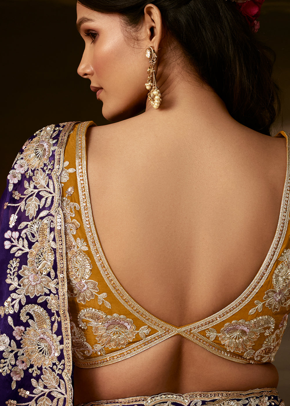 Royal Purple Organza Saree with Floral Zari Embroidery and Sequin Detailing