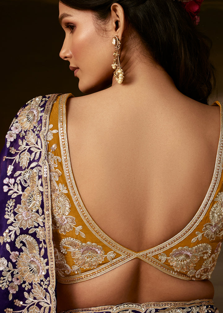 Royal Purple Organza Saree with Floral Zari Embroidery and Sequin Detailing
