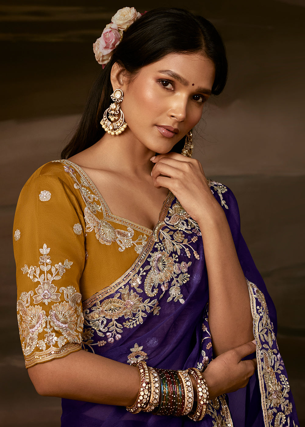 Royal Purple Organza Saree with Floral Zari Embroidery and Sequin Detailing