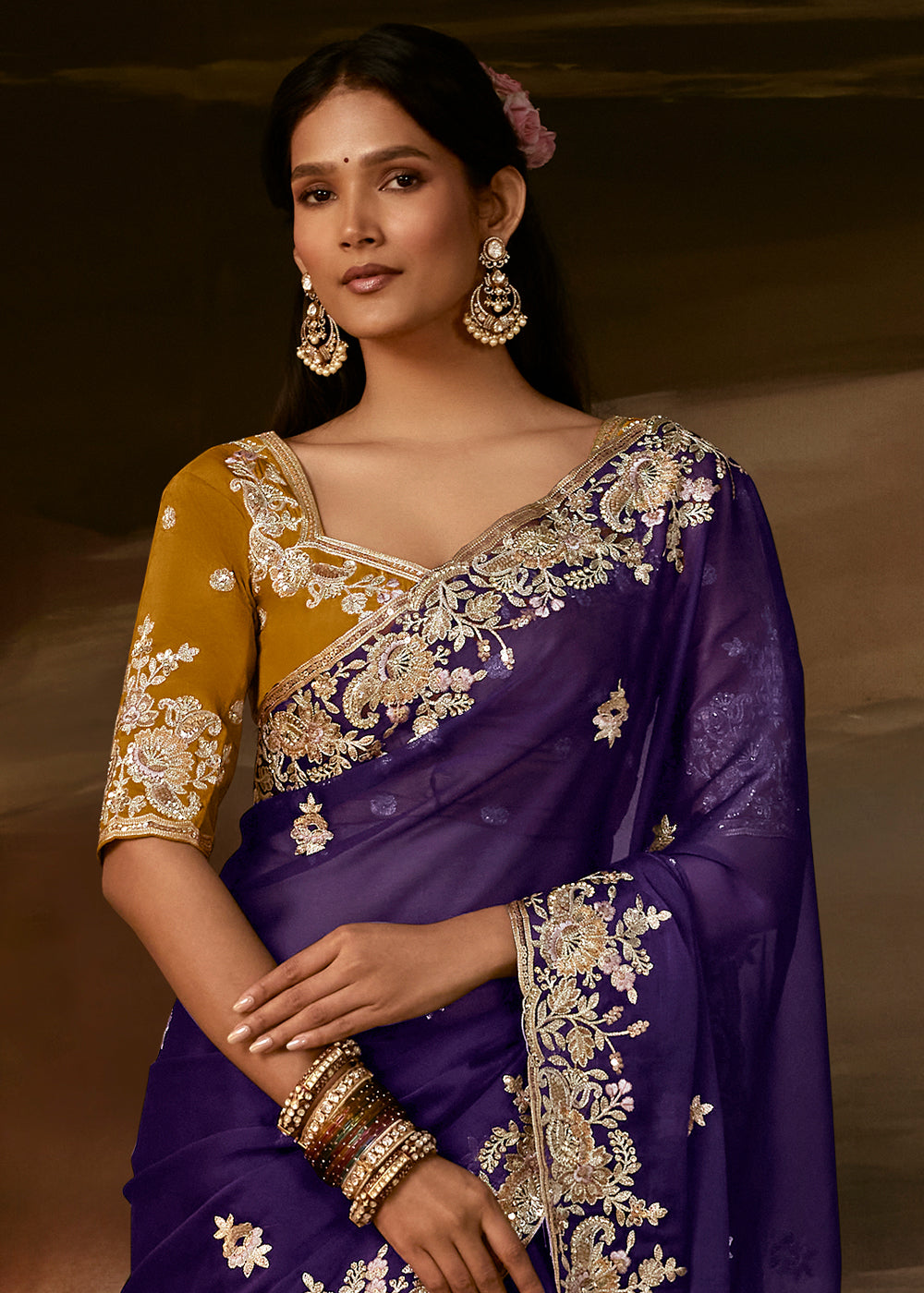 Royal Purple Organza Saree with Floral Zari Embroidery and Sequin Detailing