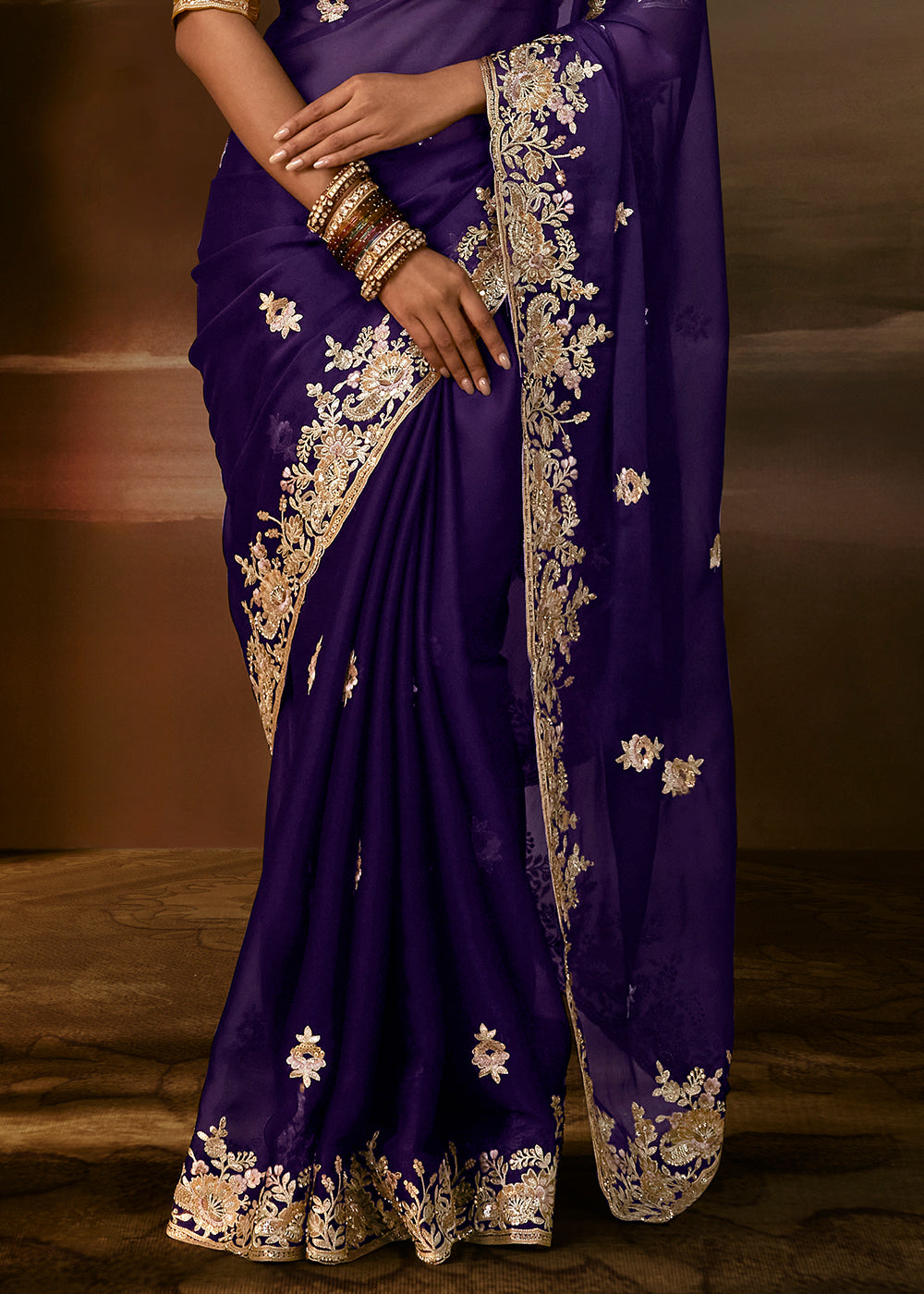 Royal Purple Organza Saree with Floral Zari Embroidery and Sequin Detailing