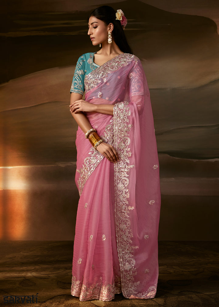 Dusty Rose Pink Organza Saree with Silver Gota Patti and Aari Embroidery