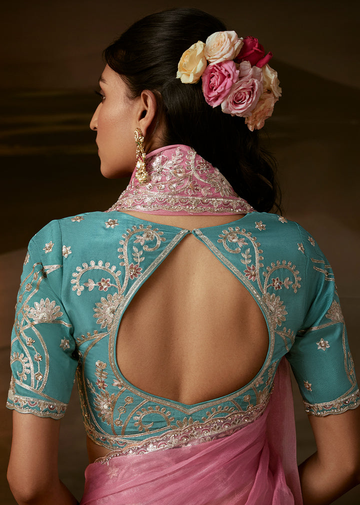 Dusty Rose Pink Organza Saree with Silver Gota Patti and Aari Embroidery