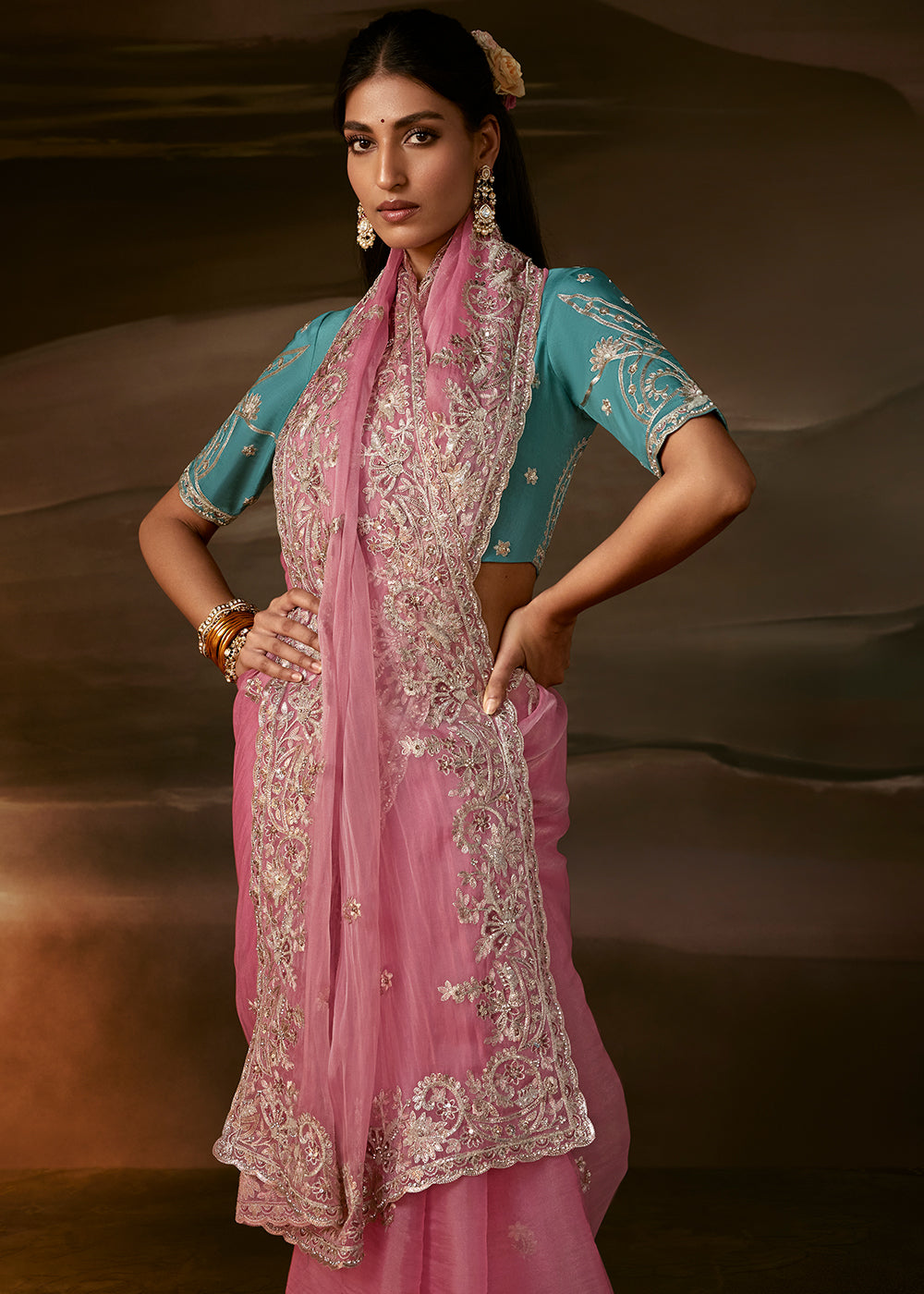 Dusty Rose Pink Organza Saree with Silver Gota Patti and Aari Embroidery