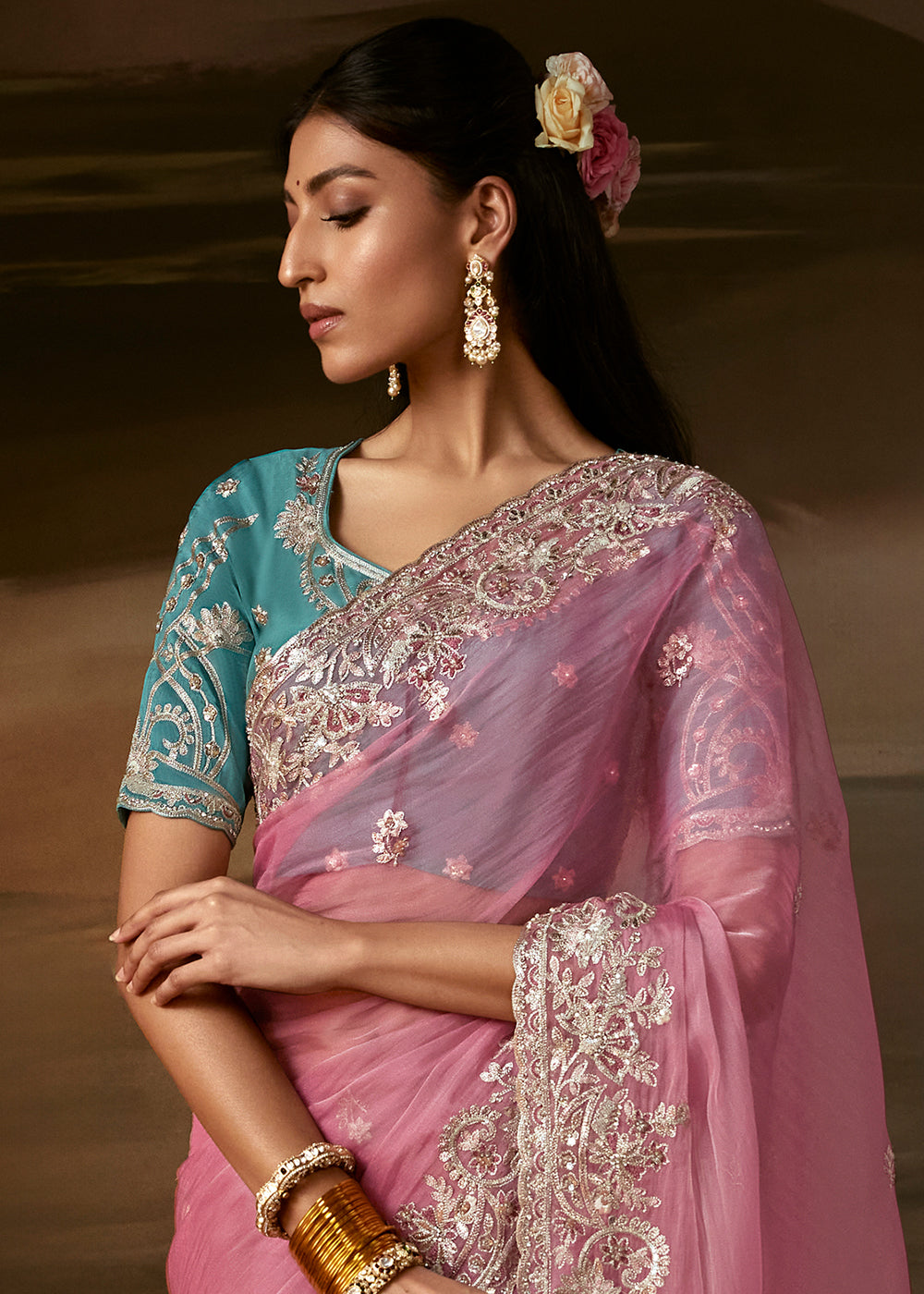 Dusty Rose Pink Organza Saree with Silver Gota Patti and Aari Embroidery