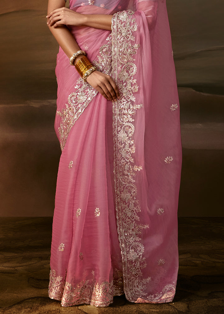 Dusty Rose Pink Organza Saree with Silver Gota Patti and Aari Embroidery