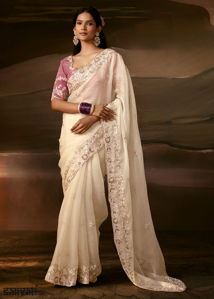 Ivory White Organza Saree with Gota Patti, Aari and Sequin Work