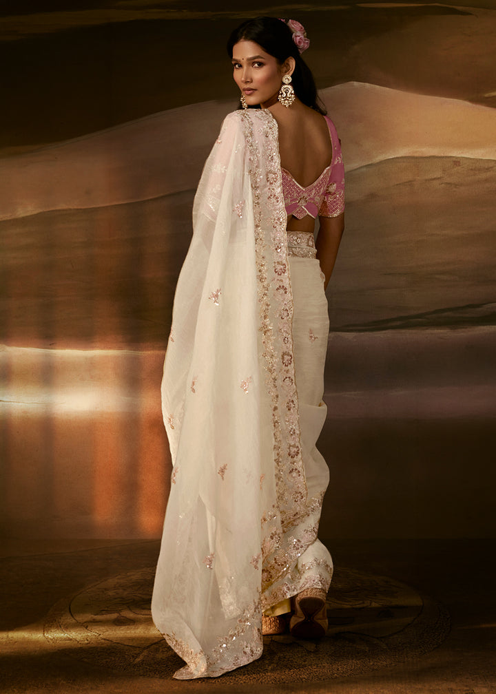 Ivory White Organza Saree with Gota Patti, Aari and Sequin Work