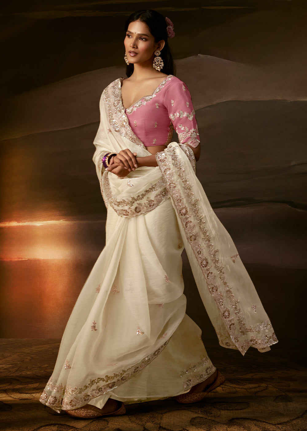 Ivory White Organza Saree with Gota Patti, Aari and Sequin Work
