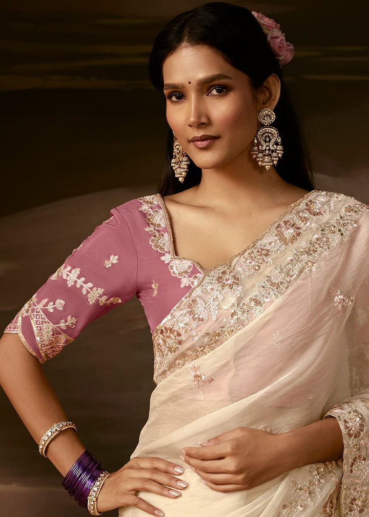 Ivory White Organza Saree with Gota Patti, Aari and Sequin Work