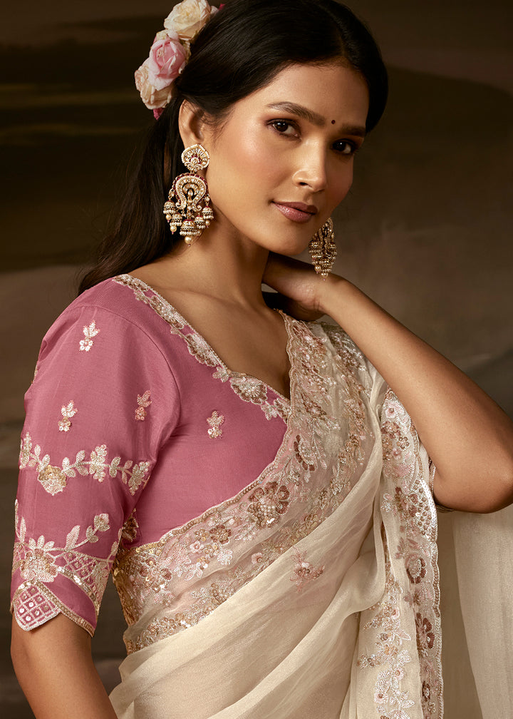 Ivory White Organza Saree with Gota Patti, Aari and Sequin Work