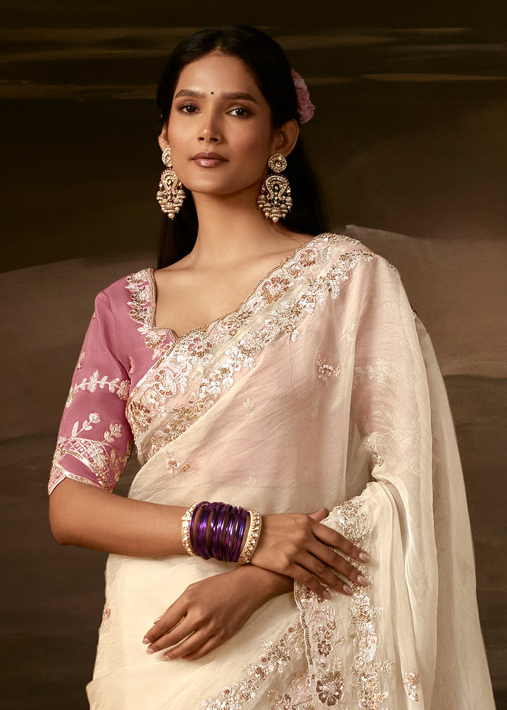 Ivory White Organza Saree with Gota Patti, Aari and Sequin Work