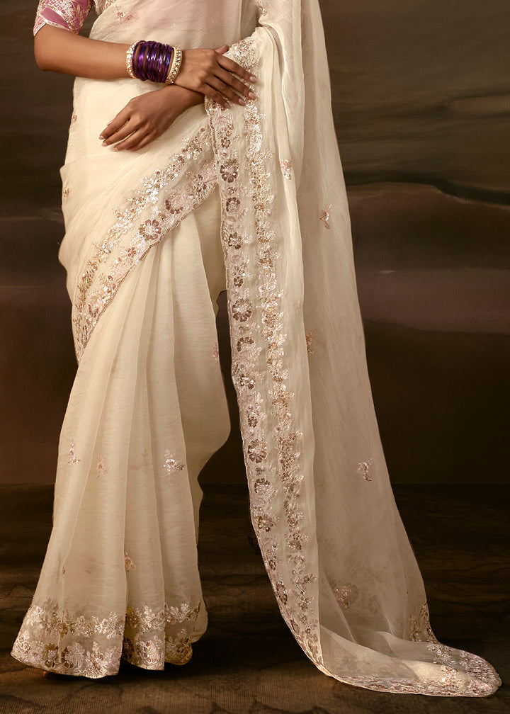 Ivory White Organza Saree with Gota Patti, Aari and Sequin Work