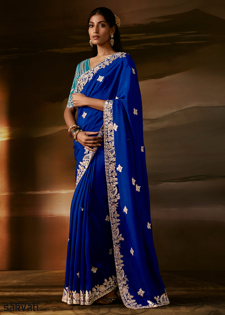 Royal Blue Organza Saree with Gota Patti, Aari Embroidery and Sequin Work