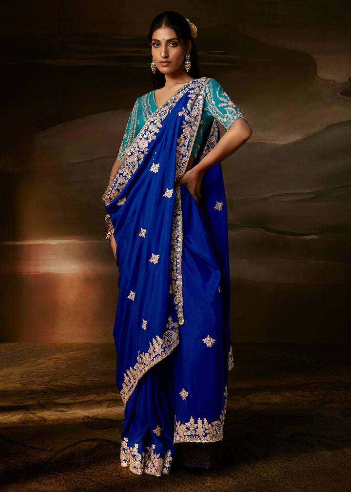 Royal Blue Organza Saree with Gota Patti, Aari Embroidery and Sequin Work