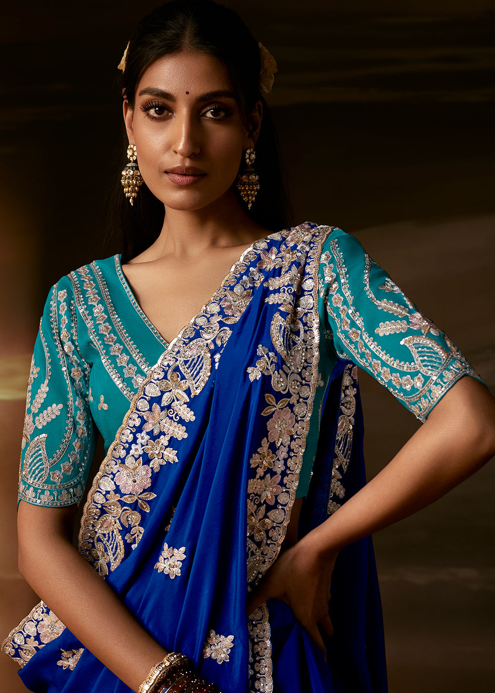 Royal Blue Organza Saree with Gota Patti, Aari Embroidery and Sequin Work
