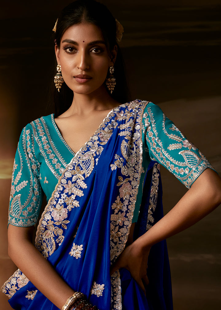 Royal Blue Organza Saree with Gota Patti, Aari Embroidery and Sequin Work