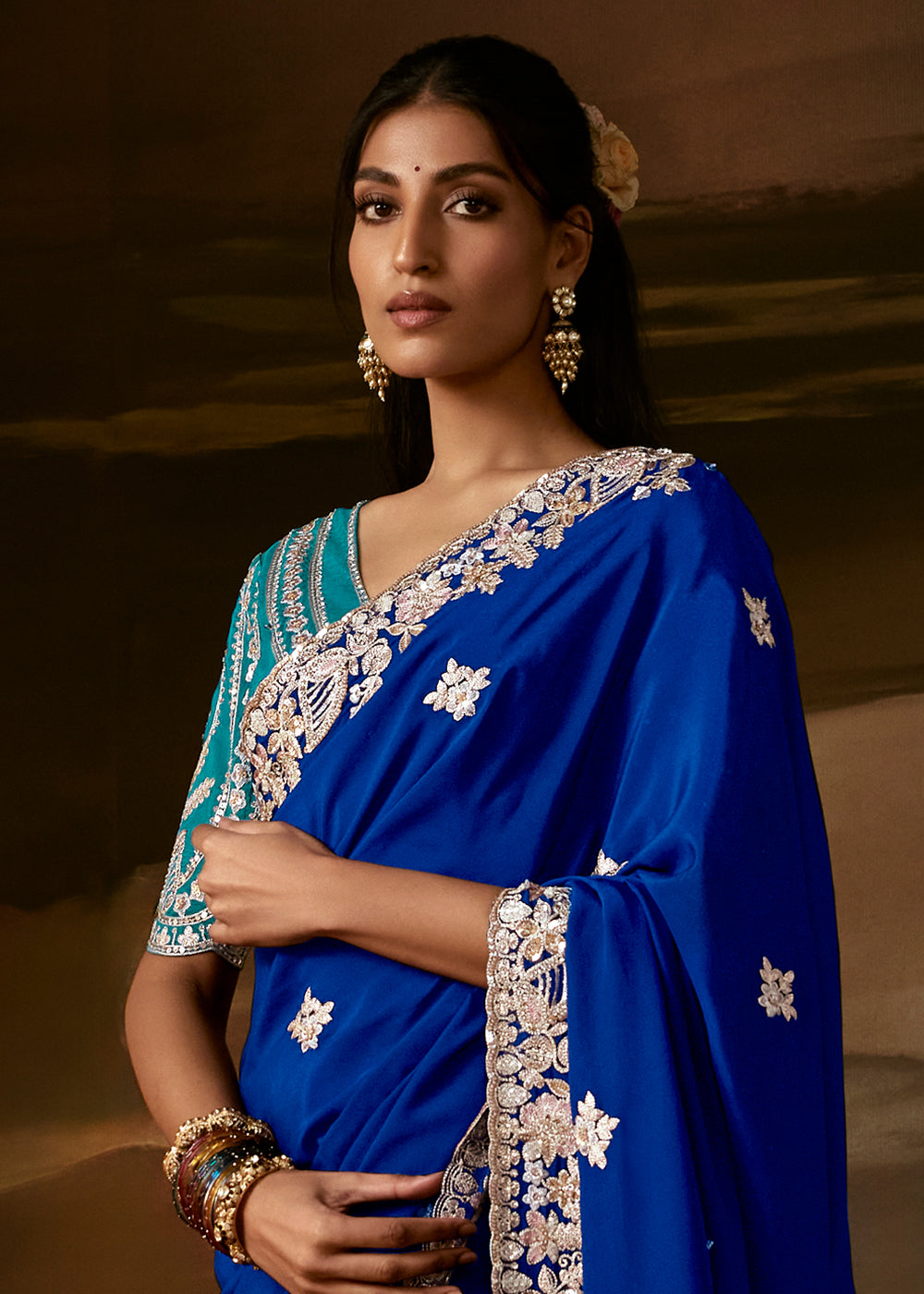 Royal Blue Organza Saree with Gota Patti, Aari Embroidery and Sequin Work