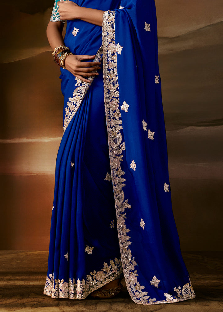 Royal Blue Organza Saree with Gota Patti, Aari Embroidery and Sequin Work