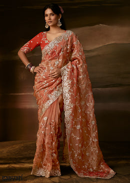 Sandstone Orange Organza Saree with Gota Patti, Aari Handwork and Sequin Detailing