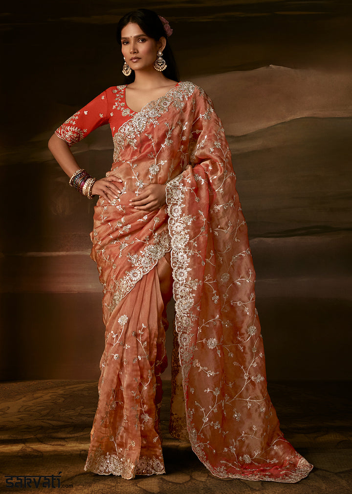 Sandstone Orange Organza Saree with Gota Patti, Aari Handwork and Sequin Detailing