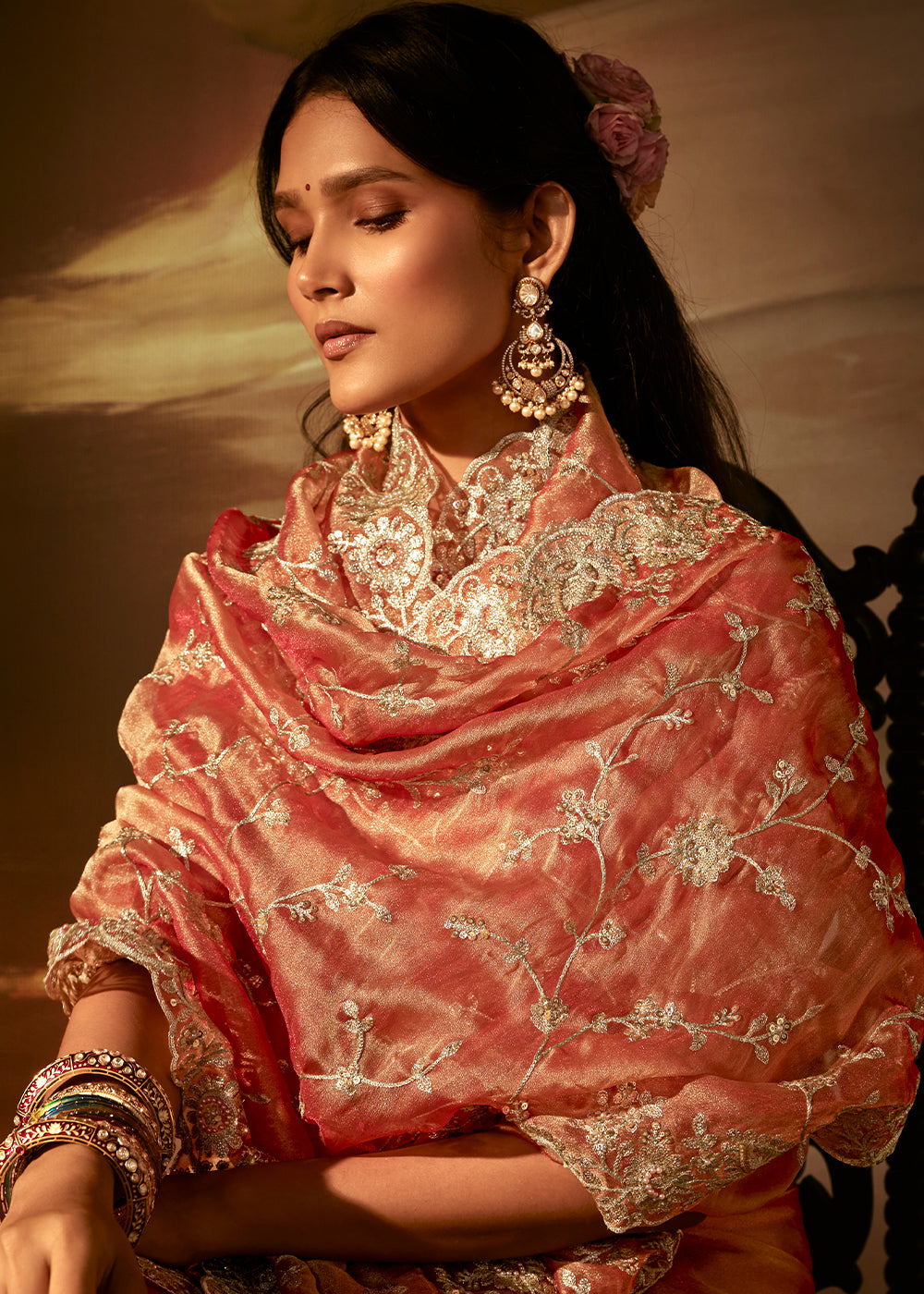 Sandstone Orange Organza Saree with Gota Patti, Aari Handwork and Sequin Detailing