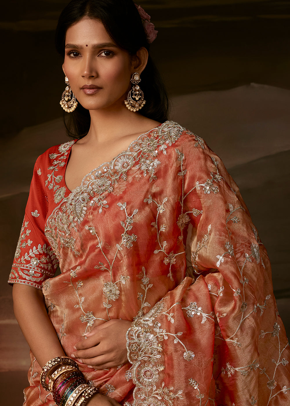 Sandstone Orange Organza Saree with Gota Patti, Aari Handwork and Sequin Detailing