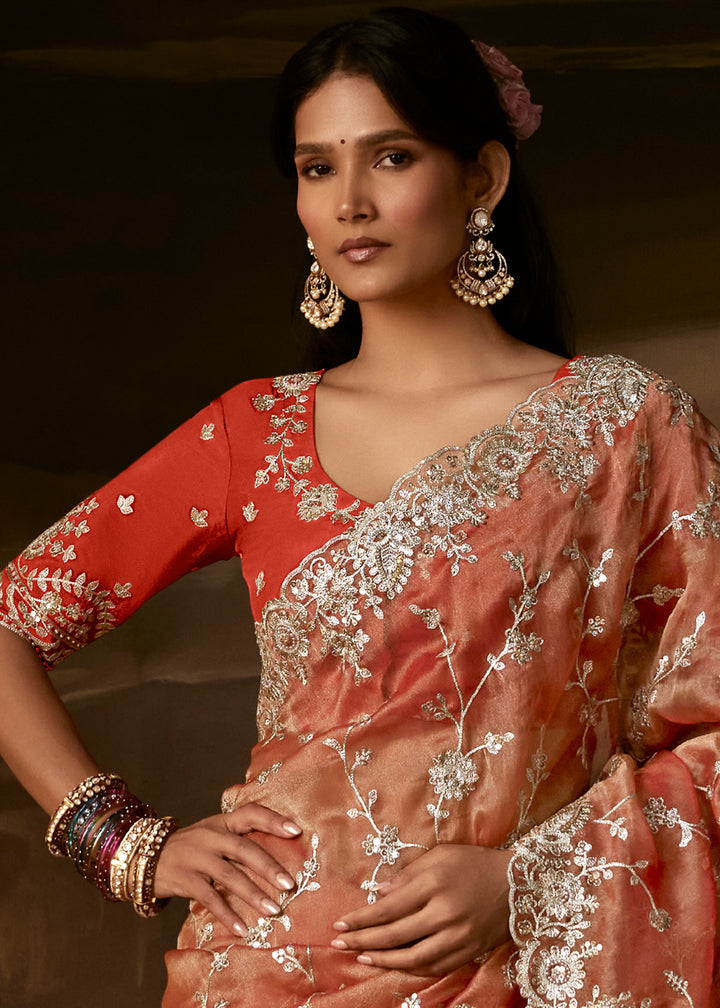 Sandstone Orange Organza Saree with Gota Patti, Aari Handwork and Sequin Detailing