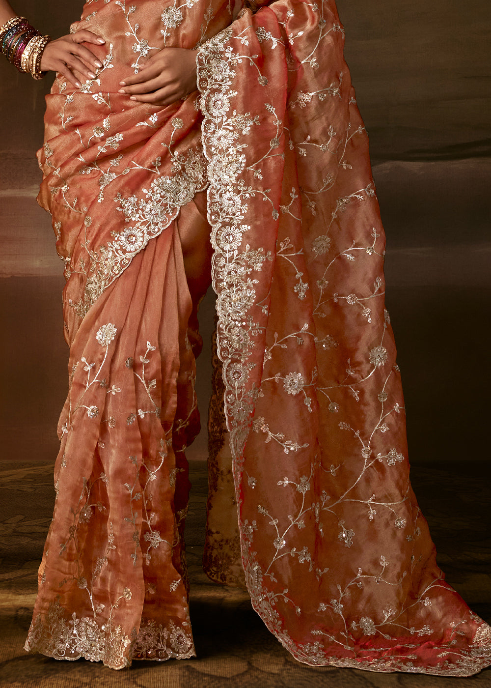Sandstone Orange Organza Saree with Gota Patti, Aari Handwork and Sequin Detailing