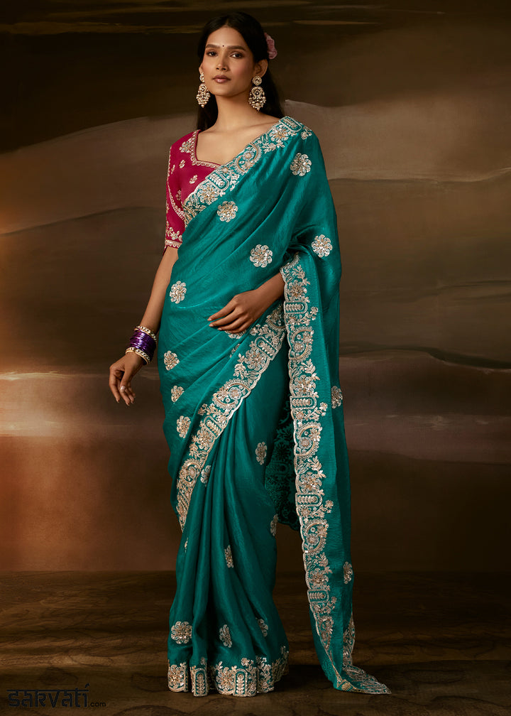Peacock Teal Green Organza Saree with Gota Patti, Zari and Sequin Work