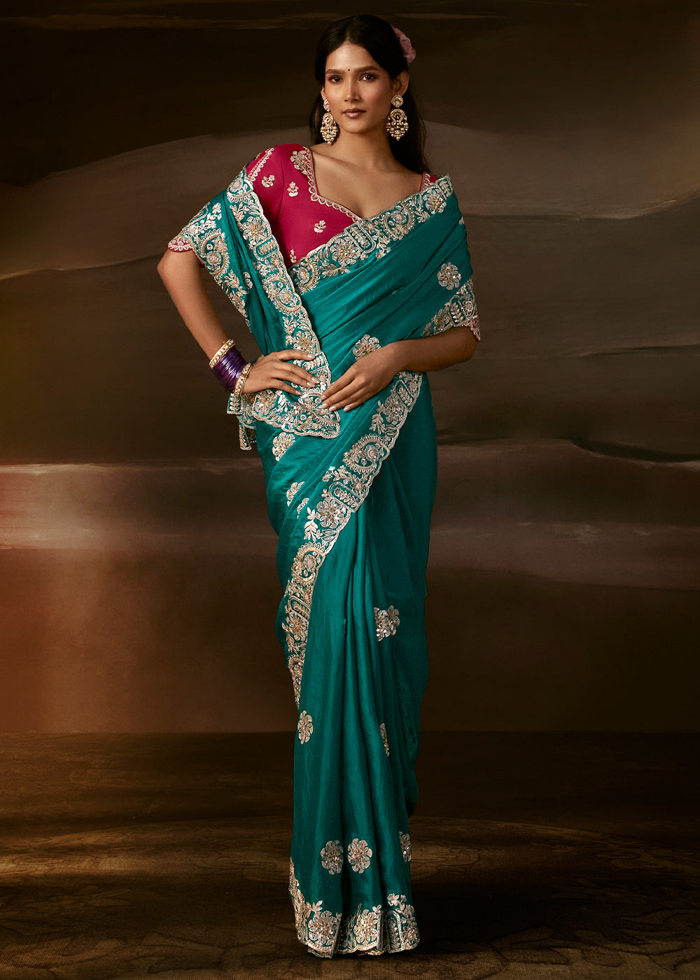 Peacock Teal Green Organza Saree with Gota Patti, Zari and Sequin Work