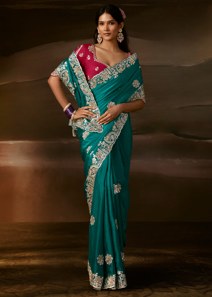 Peacock Teal Green Organza Saree with Gota Patti, Zari and Sequin Work