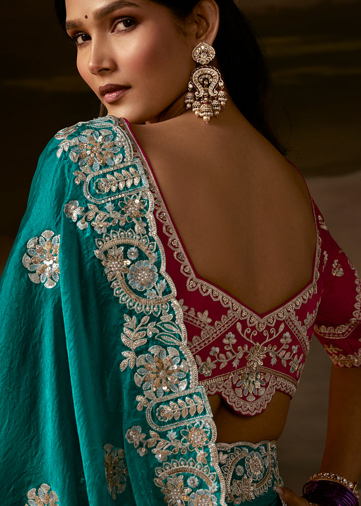 Peacock Teal Green Organza Saree with Gota Patti, Zari and Sequin Work