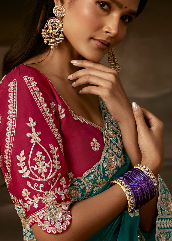 Peacock Teal Green Organza Saree with Gota Patti, Zari and Sequin Work