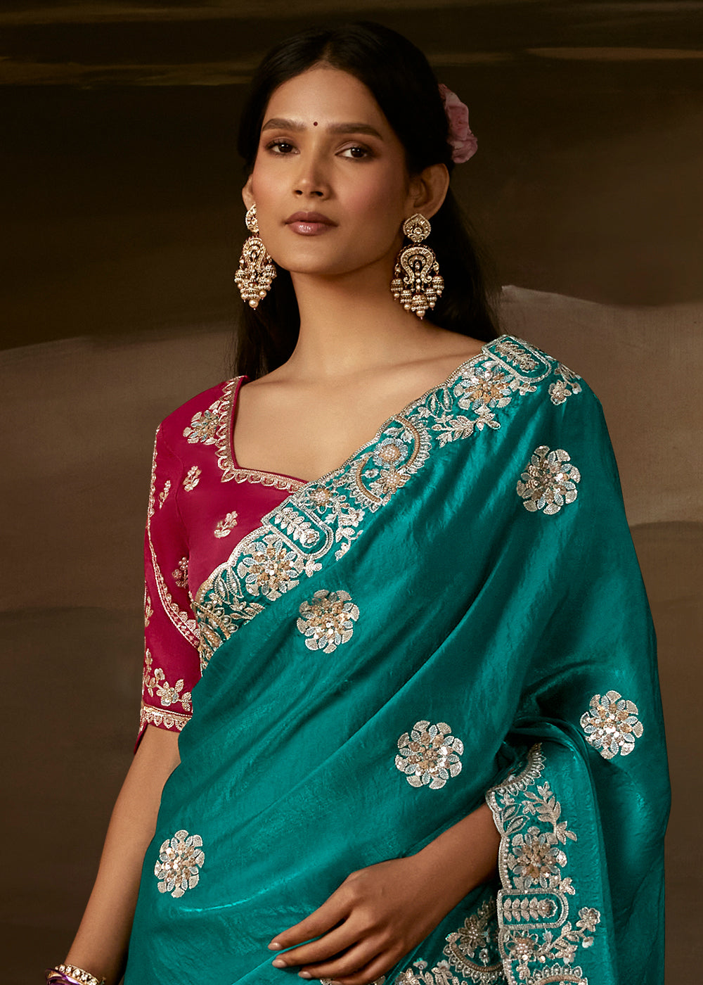 Peacock Teal Green Organza Saree with Gota Patti, Zari and Sequin Work