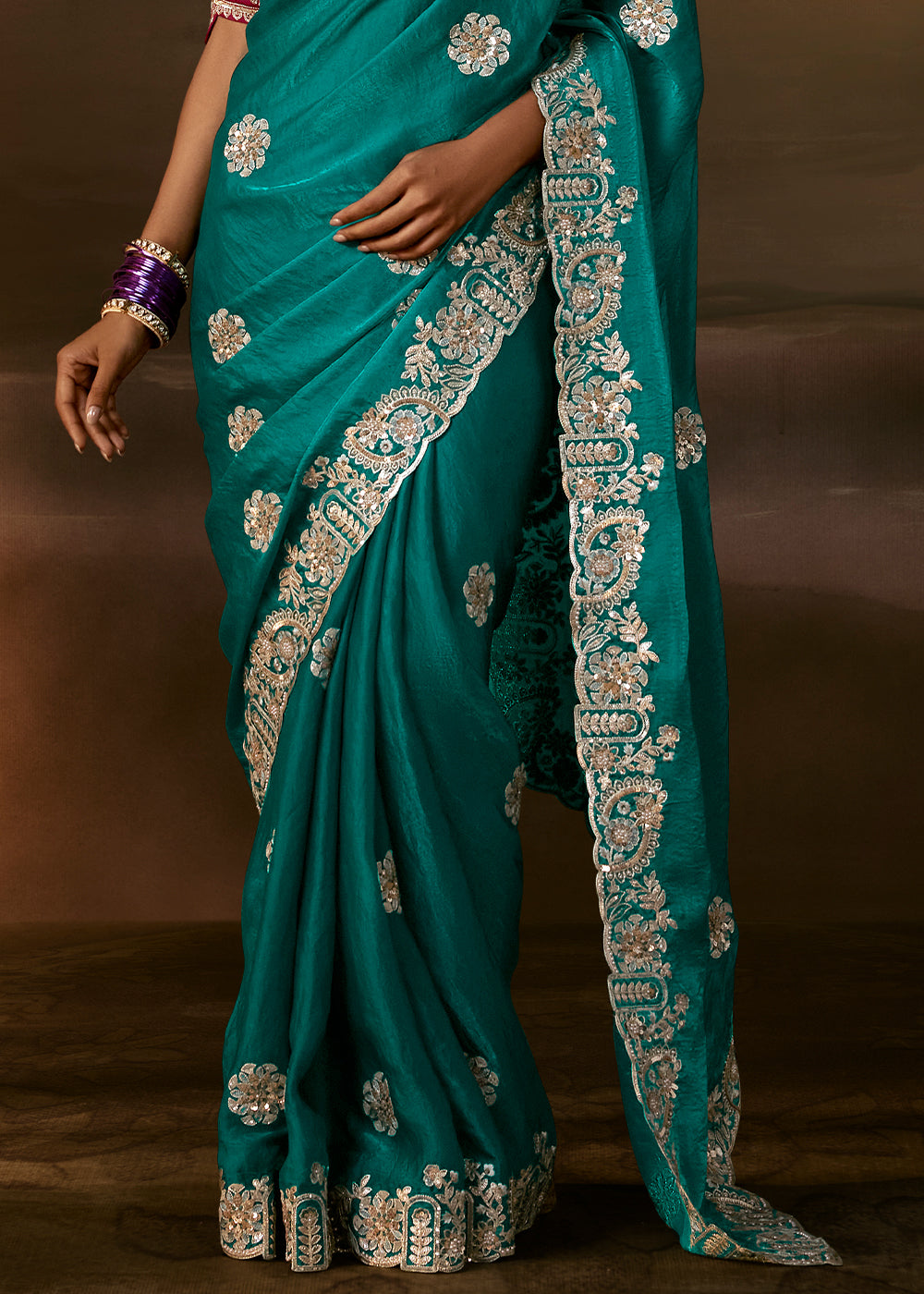 Peacock Teal Green Organza Saree with Gota Patti, Zari and Sequin Work
